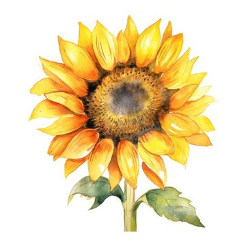 Colored watercolor illustration of a sunflower with stem on a white background.