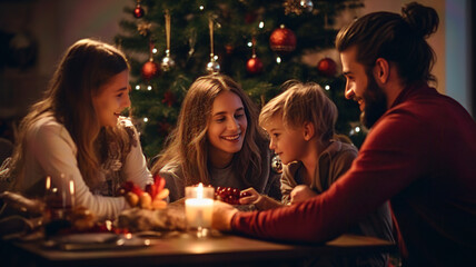 Obraz na płótnie Canvas Warm Family Moments: Christmas Tree and Festive Table