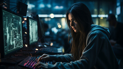 Fototapeta premium Female hacker working in a computer - shot from behind, blue colors. Hacking, hacker, girl. 
