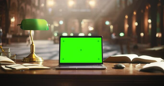 Laptop Computer with Green Screen Mock Up Chromakey Display Standing on a Wooden Table in an Academic Traditional Library. Office Desk With Books, Notebooks, Lamp and Wireless Mouse