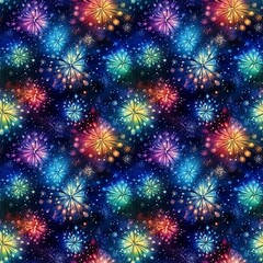 Fototapeta na wymiar seamless pattern of bright multicolored fireworks on a dark background