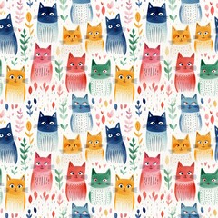 seamless pattern of watercolor colorful cats and plants on a white background