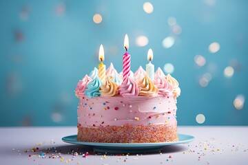 delicious pink birthday cake with three burning candles on a blue background