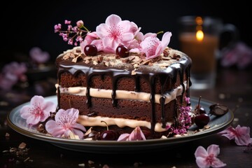 Obraz na płótnie Canvas Floral Elegance Meets Decadent Temptation: Savoring a Rich Chocolate Cake Beneath a Bed of Beautifully Arranged Edible Flowers