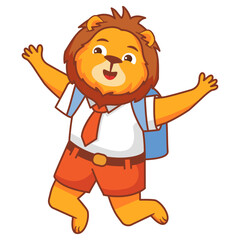 Cartoon lion going to school.A joyful cute lion cub in a school uniform with bag .Kid kawaii tropical animal go to school.Animalistic childish character.Cute animal student.Line art vector.