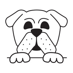Cute puppy paws up over wall.Dog hanging on border.Outline vector illustration. Isolated on white background.