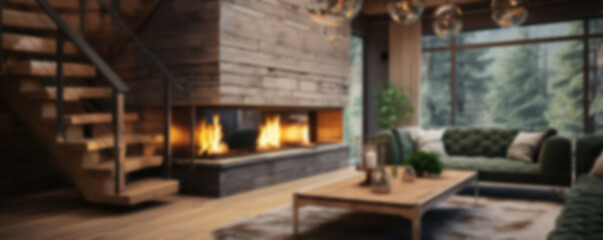 Fototapeta na wymiar Blurred interior design of the living room of a wooden house with a stone fireplace. Generative AI