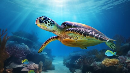Fototapeta premium Tranquil Voyage: The Serenity of a Graceful Sea Turtle in the Ocean Depths