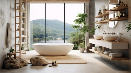 Fototapeta premium Bathroom interior design with mountain view, his and hers double basin and round mirror, in neutral color modern minimalist japandi 3D interior illustration.