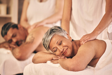 Relax, massage and senior with couple in spa for vacation, luxury and beauty salon. Peace, wellness...
