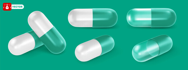 Green white and transparent empty medical capsule pill. 3d realistic, pharmaceutical capsule, front and perspective view, isolated. Vector illustration