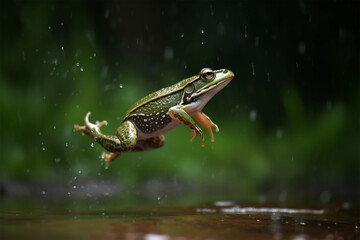 a frog is hopping in the rain
