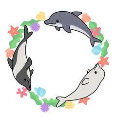 輪になって泳ぐいろんなイルカ（飾りつき）