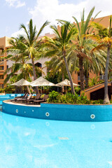 Swimming pool with clear water surrounded by palm trees in one of the best resorts