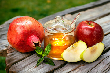 Rosh Hashanah. Pomegranate, apple and honey, traditional food for Jewish New Year celebration.