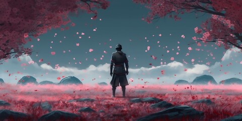 A samurai man standing lonely in a big field, cherry blossom leaves falling, generative ai technology