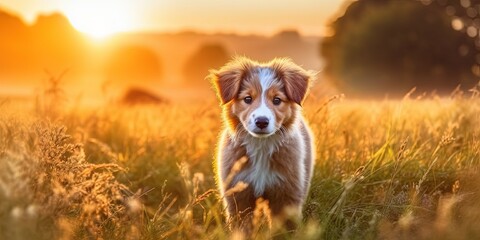 Banner of a smelling pet dog puppy as walking in the morning grass in the sunrise - obrazy, fototapety, plakaty