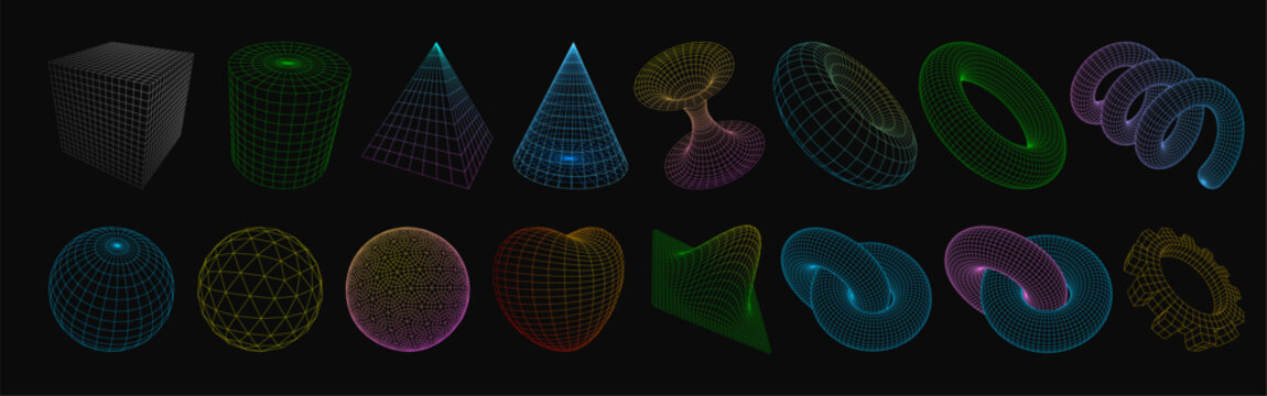 Collection of wireframe lowpoly 3d geometric shapes, Platonic solids. Surreal linear figures. Retro futuristic, cyberpunk, psychedelic style design elements set. Perspective view. Vector illustration