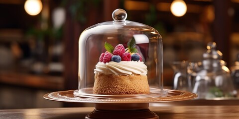Cake under glass bell dome in a restaurant kitchen before serving. cake stand, dessert buffet