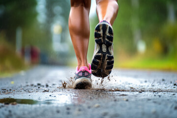 Young woman running in rainy weather, water and mud splashes as her feet hits the ground, low angle...