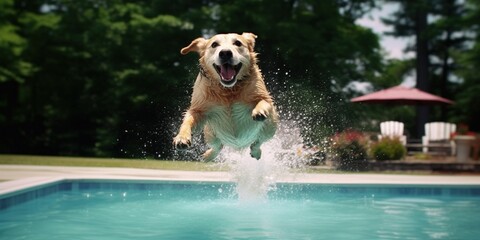 Dog jump in pool water.