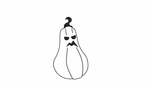 Spooky oblong pumpkin laughing bw 2D character animation. Scary jack-o-lantern Halloween outline cartoon 4K video, alpha channel. Gloomy pumkin emotion animated personage isolated on white background