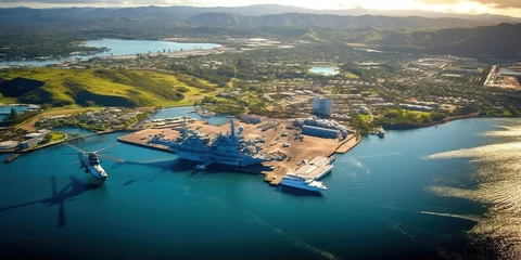 Fototapeten Helicopter overview of Pearl Harbor with Arizona memorial and mighty Mo Missouri ship © Настя Шевчук