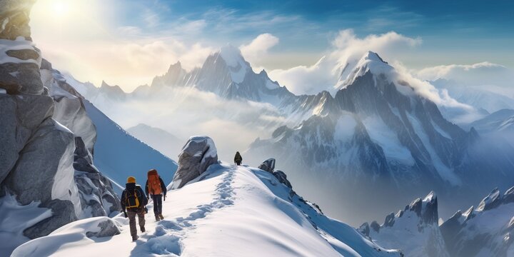 Hikers trek down a snowy ridge below Mont Blanc, France.