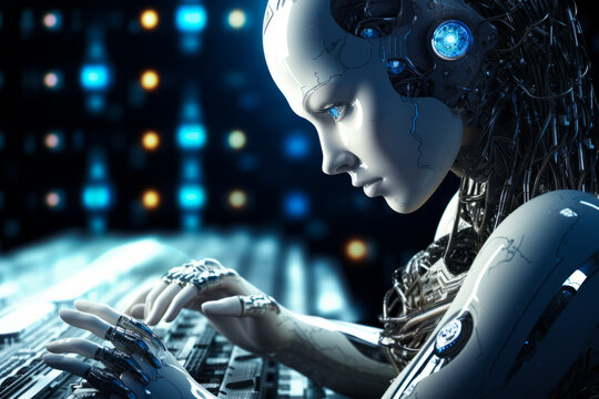 Woman with futuristic head and body typing on keyboard.