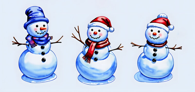 Watercolor merry christmas set of character snowmans illustration. Winter holidays cartoon isolated cute funny snowman design card