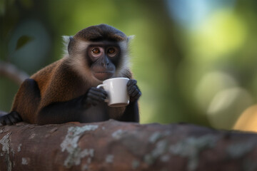 a monkey on a tree branch drinking coffee