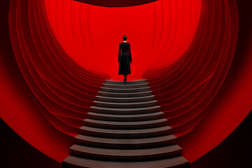 Person standing on set of stairs in red tunnel.