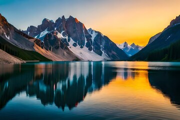 A beautiful sunset with mountains in the background and a lake with glacier water in the foreground. AI Generated