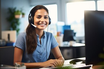 Professional Portrait of a Dedicated Customer Service Agent Sitting at Her Organized Office Desk and Ready to Assist Customers