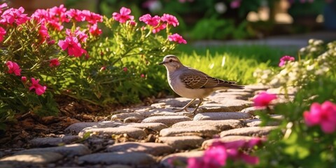 One dove walks along the edge of flower bed with beautiful red pink geranium flowers on sunny day
