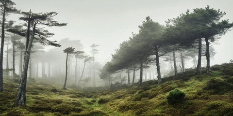Pine trees in mist on the island of Sao Miguel, Azores.