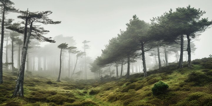 Pine trees in mist on the island of Sao Miguel, Azores.