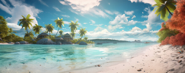 Discover the natural wonder of a tropical beach with palm trees and rocky cliffs, where the colors of the sky and the sea blend in perfect harmony. AI generative paradise found.
