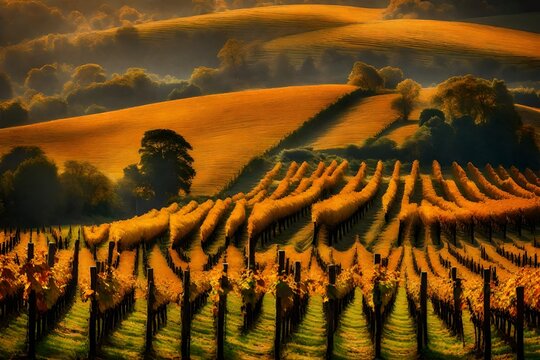 Amidst rolling hills, a vineyard showcases the vivid transformation of its vines, their foliage painted in shades of amber and russet, reflecting the enchantment of autumn