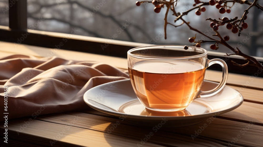 Poster Cup of tea wooden table brown tablecloth