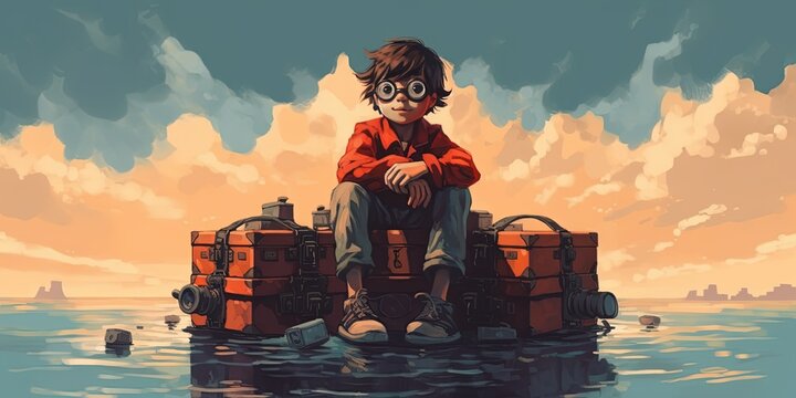 A boy with binoculars sits on a suitcase floating on the sea, digital art style, illustration painting