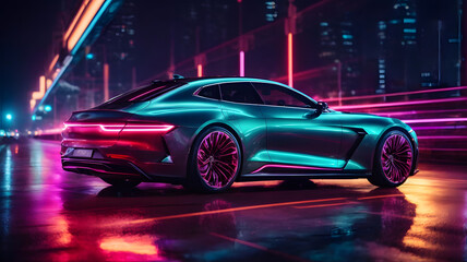 Futuristic Luxury Car On Neon Highway. Powerful acceleration of a premium car with colorful lights