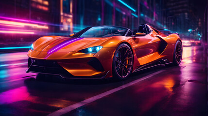 Futuristic Luxury Car On Neon Highway. Powerful acceleration of a premium car with colorful lights