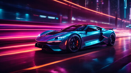 Obraz premium Futuristic Luxury Car On Neon Highway. Powerful acceleration of a premium car with colorful lights