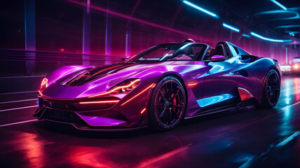 Futuristic Luxury Car On Neon Highway. Powerful acceleration of a premium car with colorful lights