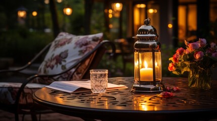 Fototapeta na wymiar White luxury garden yard evening lamp bokeh coffee cream new
