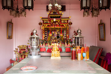 Ancient rahang chinese shrine for thai people travelers travel visit and respect praying blessing angel deity at antique bazaar rahaeng 100 years old market on August 26, 2023 in Pathum Thani Thailand