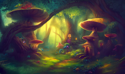Fototapeta na wymiar Magical forest, with mushroom houses