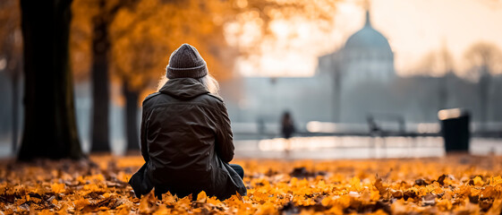A solitaire old woman sitting on the ground in autumn park and looking at the city. - obrazy, fototapety, plakaty