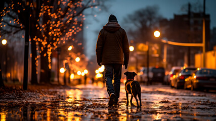 Man walking with a dog in the city at night. - obrazy, fototapety, plakaty